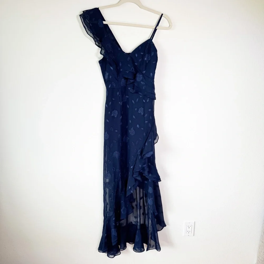 Lulus Forever‎ Be Navy Floral Jacquard Ruffled One Shoulder Maxi Dress XS